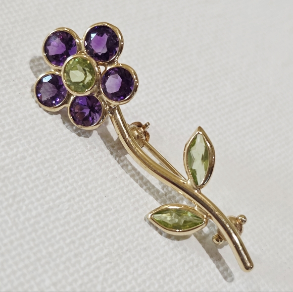 Vintage 14k Yellow Gold Purple Green Gemstones Flower Beautiful Pin Brooch 1.7 g - Picture 10 of 16